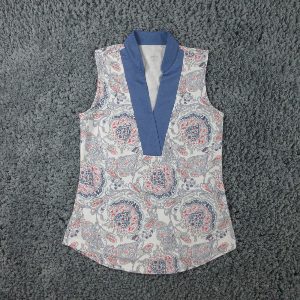 Jofit Shirt Womens Small White Blue Floral Paisley Sleeveless Pullover V-Neck
